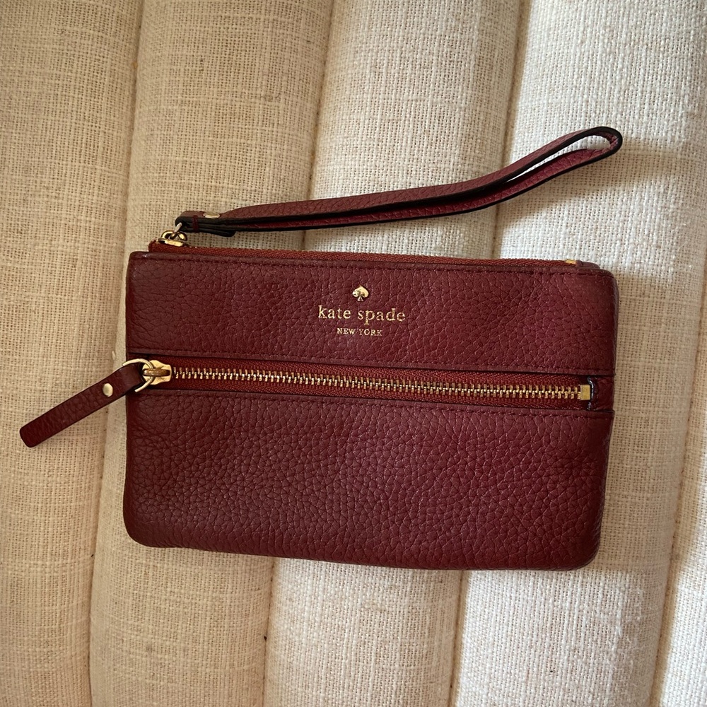 kate spade Pebbled Leather Wristlet in Deep Burgundy with Gold Hardware
